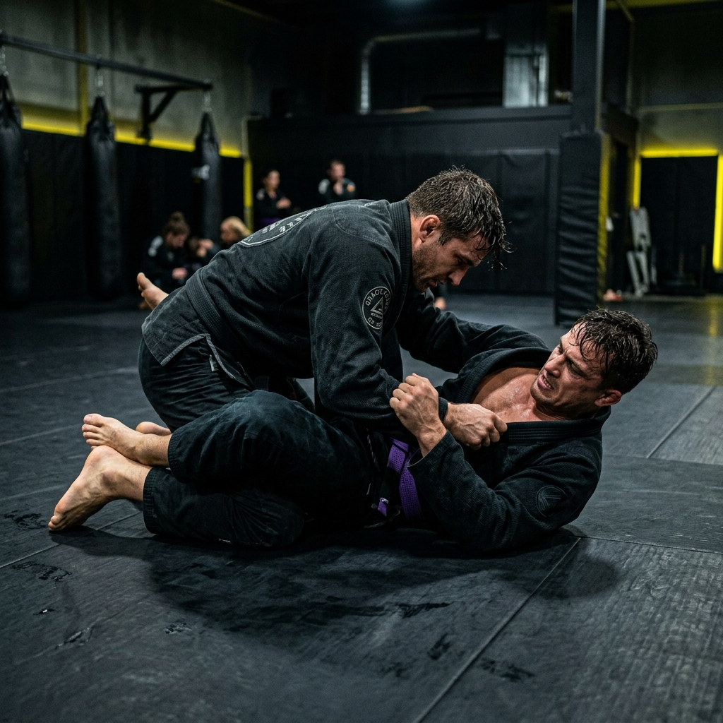 Atletas treinando no tatame do Clube Michael Silva BJJ